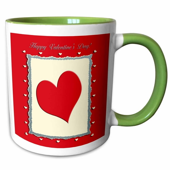 3drose, Red Heart Frame, Happy Valentines Day, 11oz Two-tone Green Mug