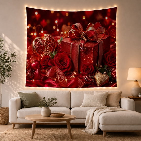 Red Heart Gemstone and Roses Tapestry Wall Hanging
