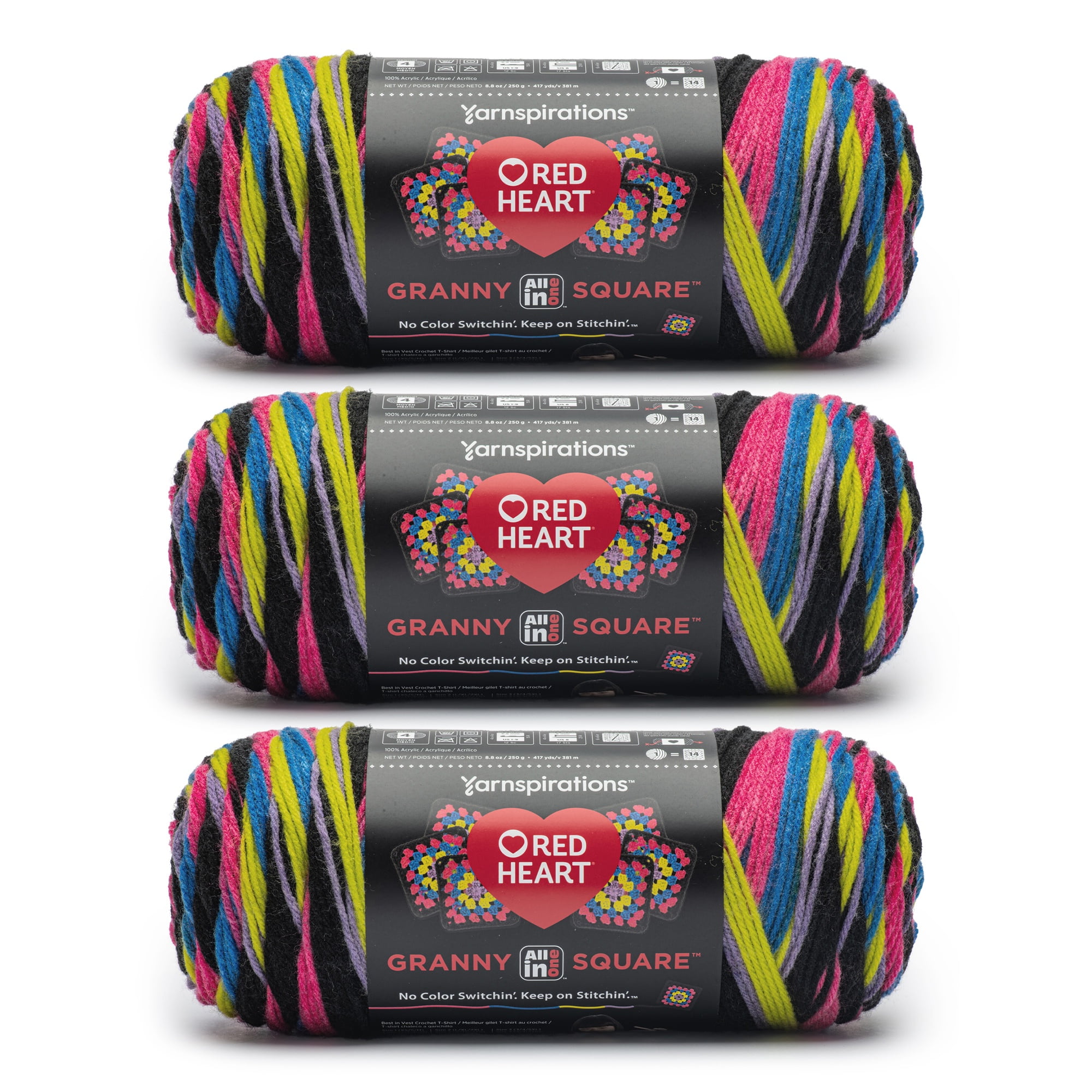Red Heart® Granny Square™ #4 Med Acrylic Yarn, Blk-neon lights