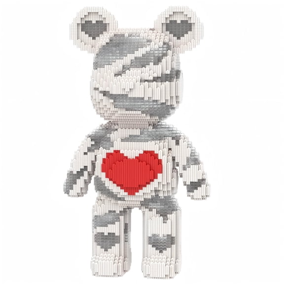 Red Heart Gray Bear Building Blocks Set, Cute Bear Decor with Storage Drawer, Gift for Birthdays, Decorative Home Office Table Centerpiece Decor