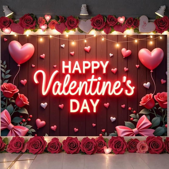 Red Heart Happy Valentine Banner Pink Bow Valentine Display Rose Decor Neon Light Love Backdrop for Valentine's Party Romantic Date Anniversary Celebration