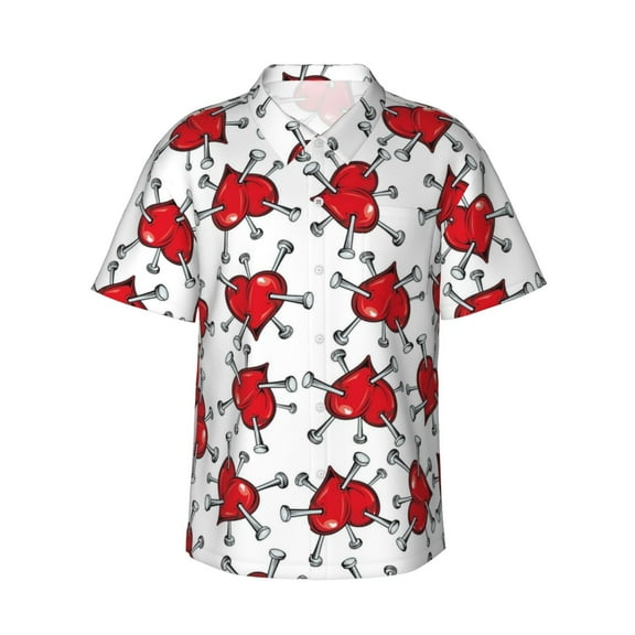 Red Heart Heartbreak Men's 3d Print Casual Button Down Shirts, Novelty Hawaiian Short Sleeves 2xl