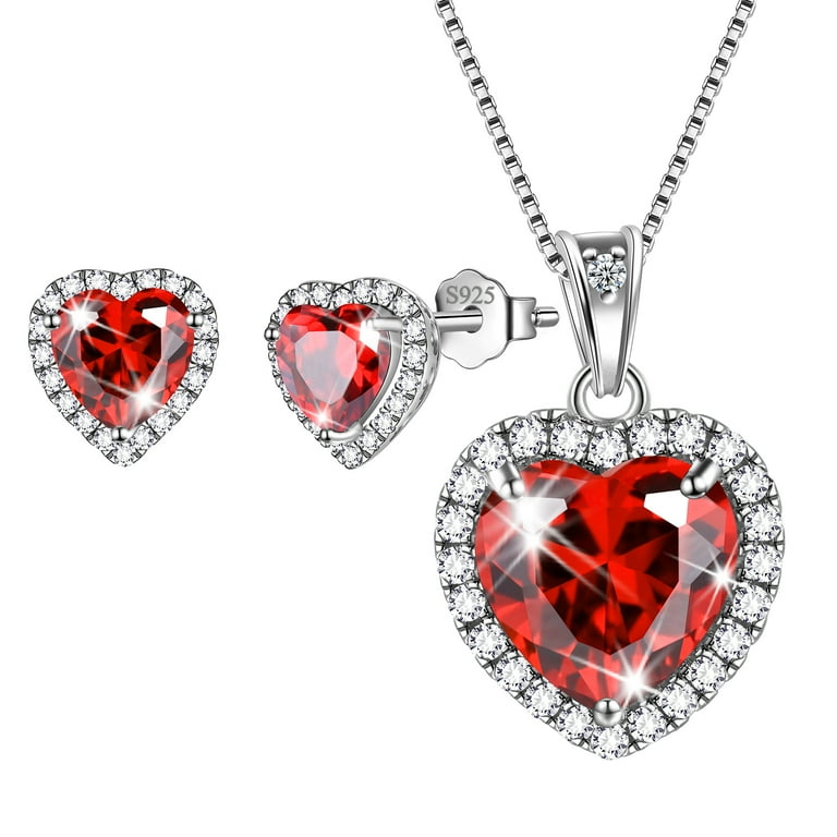 Red Heart Women Jewelry Sets Garnet January Birthstone Jewelry Set Necklace  Earrings 925 Sterling Silver Pendant Mother Birthday Christmas Valentines 