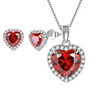 HIPUNK Red Heart Jewelry Sets Women Garnet January Birthstone Jewelry Set Necklace Earrings 925 Sterling Silver Fine Jewelry Girls Birthday Mother's Day Gift
