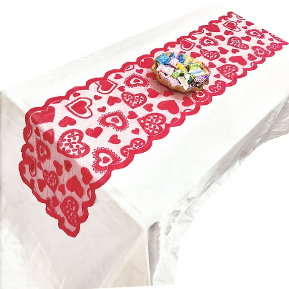 Red Heart Lace Table Runner for Valentines Day Decor Party Home Wedding Holiday Anniversary - 13 x 72 Inch