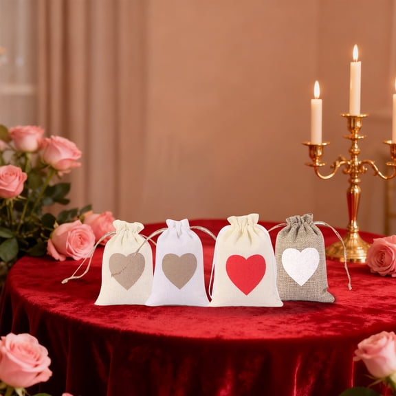 Red Heart Linen Drawstring Bag - Valentine's Day & Wedding Candy Gift Bag, Reusable Fabric Packaging Pouch, Cute Love-Themed Storage Bag, Holiday Gift Wrapping & Party Favors, 3.9*5.5in, Khaki