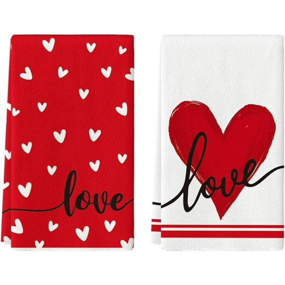 Red Heart Love Valentine''s Day Kitchen Towels Dish Towels, 18x26 Inch Anniversary Wedding Farmhouse Decoration Hand Towels Set of 2