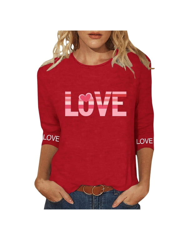 Heart Lover Print Loose Fit Tshirts for Women Summer Fall 3/4 Sleeve Crewneck Spandex Shirt Tops Women 2026