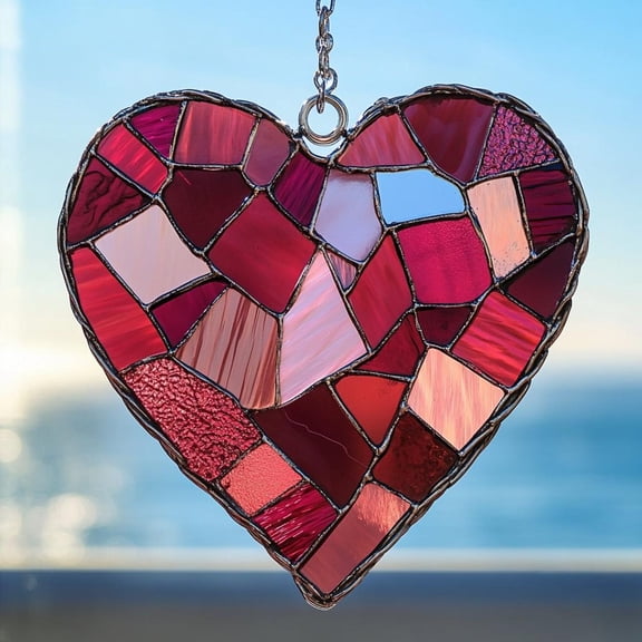 Red Heart Mosaic Faux Stained Glass Acrylic Suncatcher, Romantic Window Hanging Decor, Valentine Gift For Her Or Wedding Keepsake