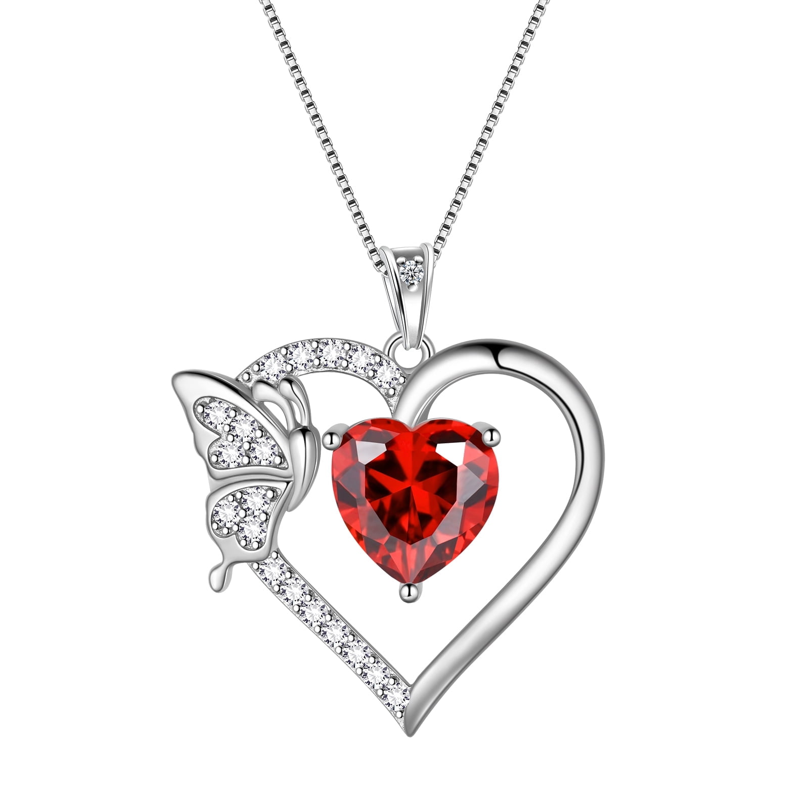 Red Heart Necklace Butterfly January Birthstone Necklace Garnet 925 Sterling Silver Pendant Jewelry Women Birthday Christmas Mother's Day Gifts