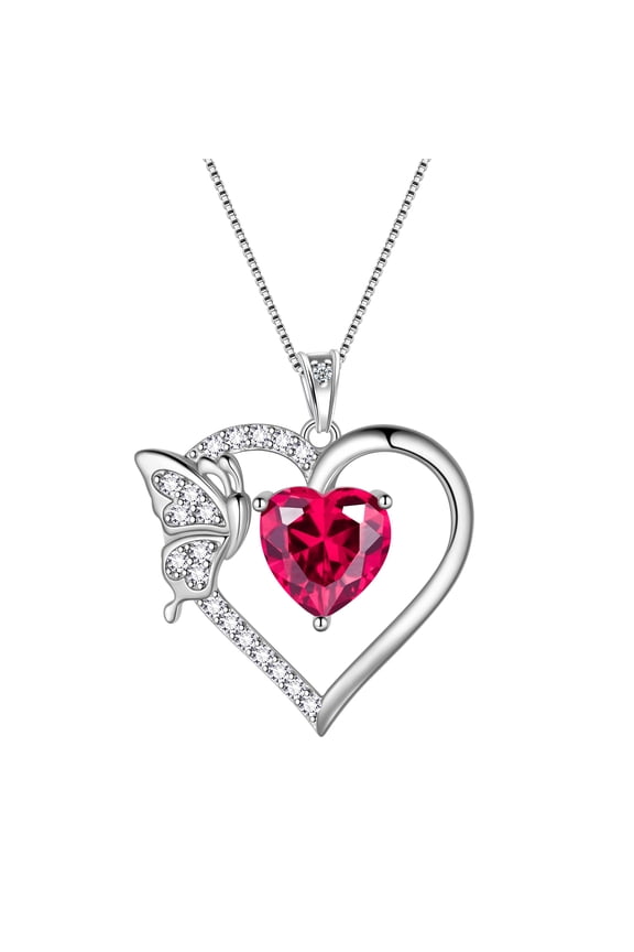 Red Heart Necklace Butterfly July Birthstone Necklace Ruby Crystal 925 Sterling Silver Pendant Jewelry Women Wedding Birthday Mother's Day Gifts
