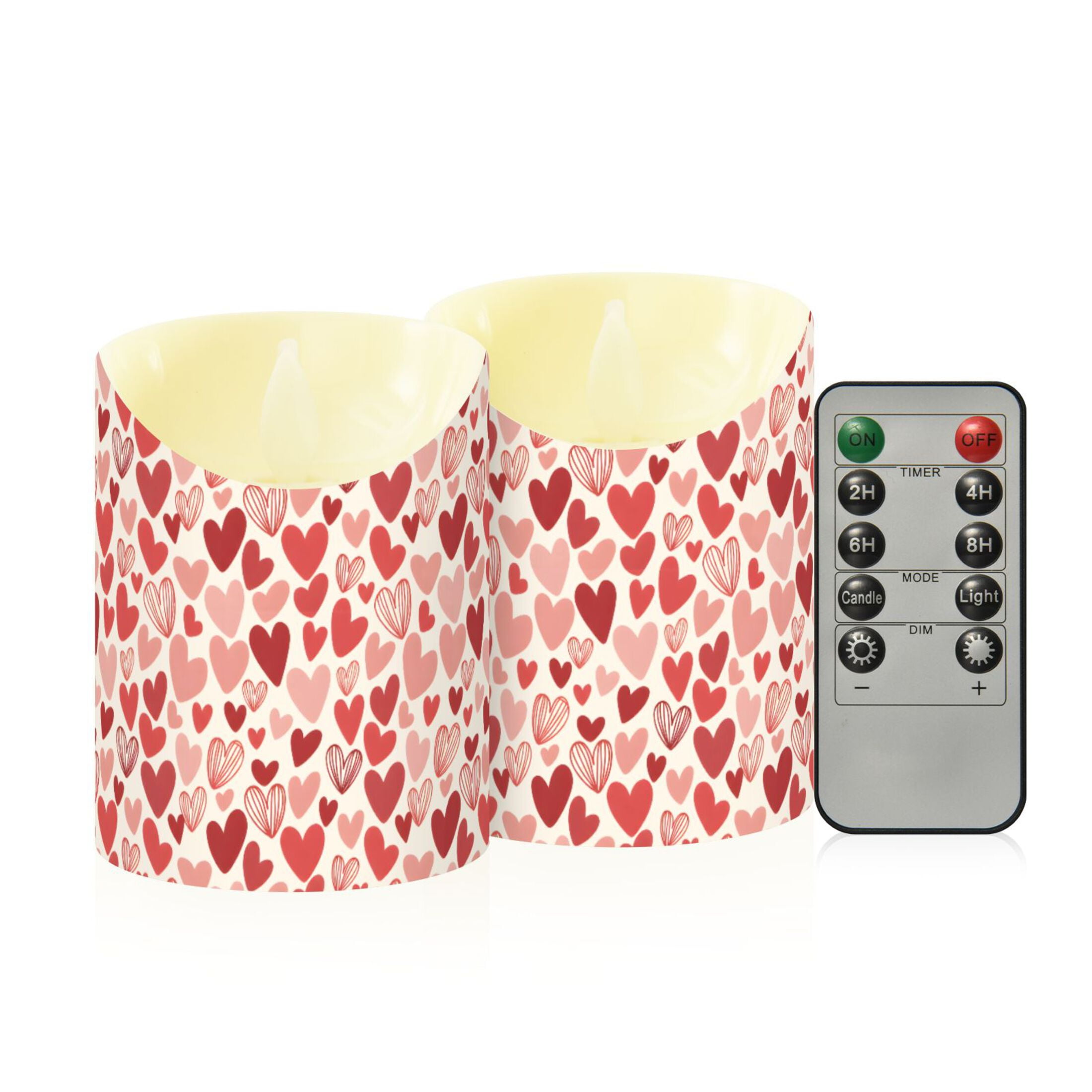 Red Heart Pattern Flameless Candles 2 PCS with Remote Realistic Moving Flame LED Tapered Pillar Set for Home Decor