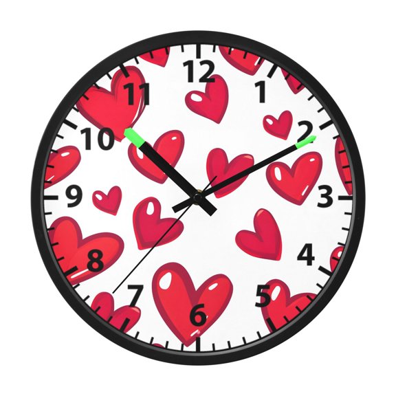 Red Heart Pattern Wall Clock 12 Inch Voice Activated Night Light Silent Non Ticking