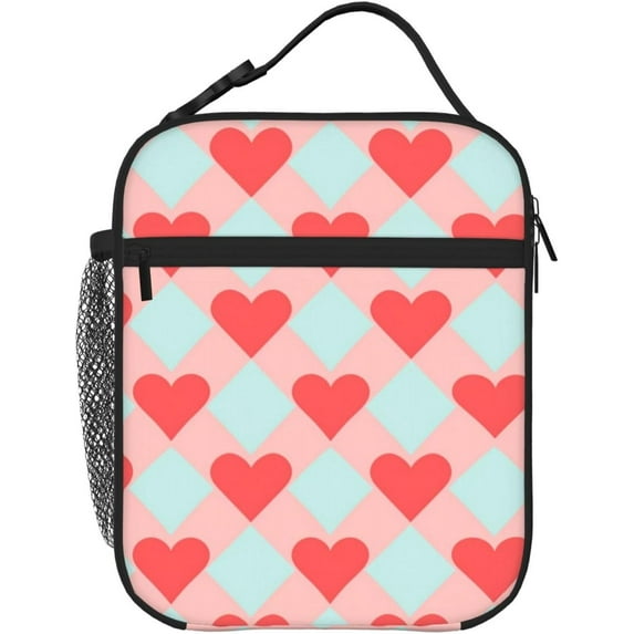 Red Heart Pink Blue Checkered Lunch Box Insulated for Women Men Detachable Handle Lunchbox Meal Tote Bag 10"Lx 8"Wx4"H
