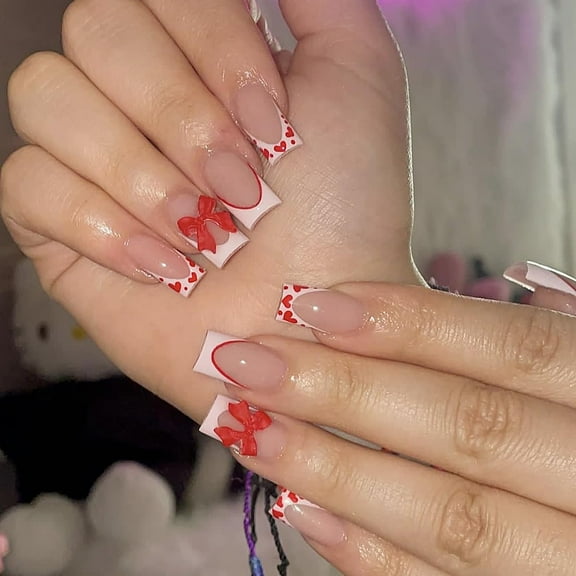 Red Heart Press on Nails Medium Square Fake Nails Square Shaped Valentines Day Glue on Nails Red Glitter French Tips Designs Cute Glitter Hollow Heart Stick on Nails for Women 24Pcs 10 valentine