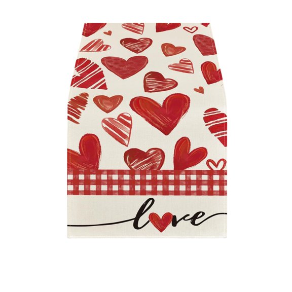 Red Heart Print Linen Table Runner 4 Sizes Valentine's Day Wedding Festive Dining Table Cloth Party Celebration Decor Anniversary Holiday Tabletop Decoration Long Rectangular