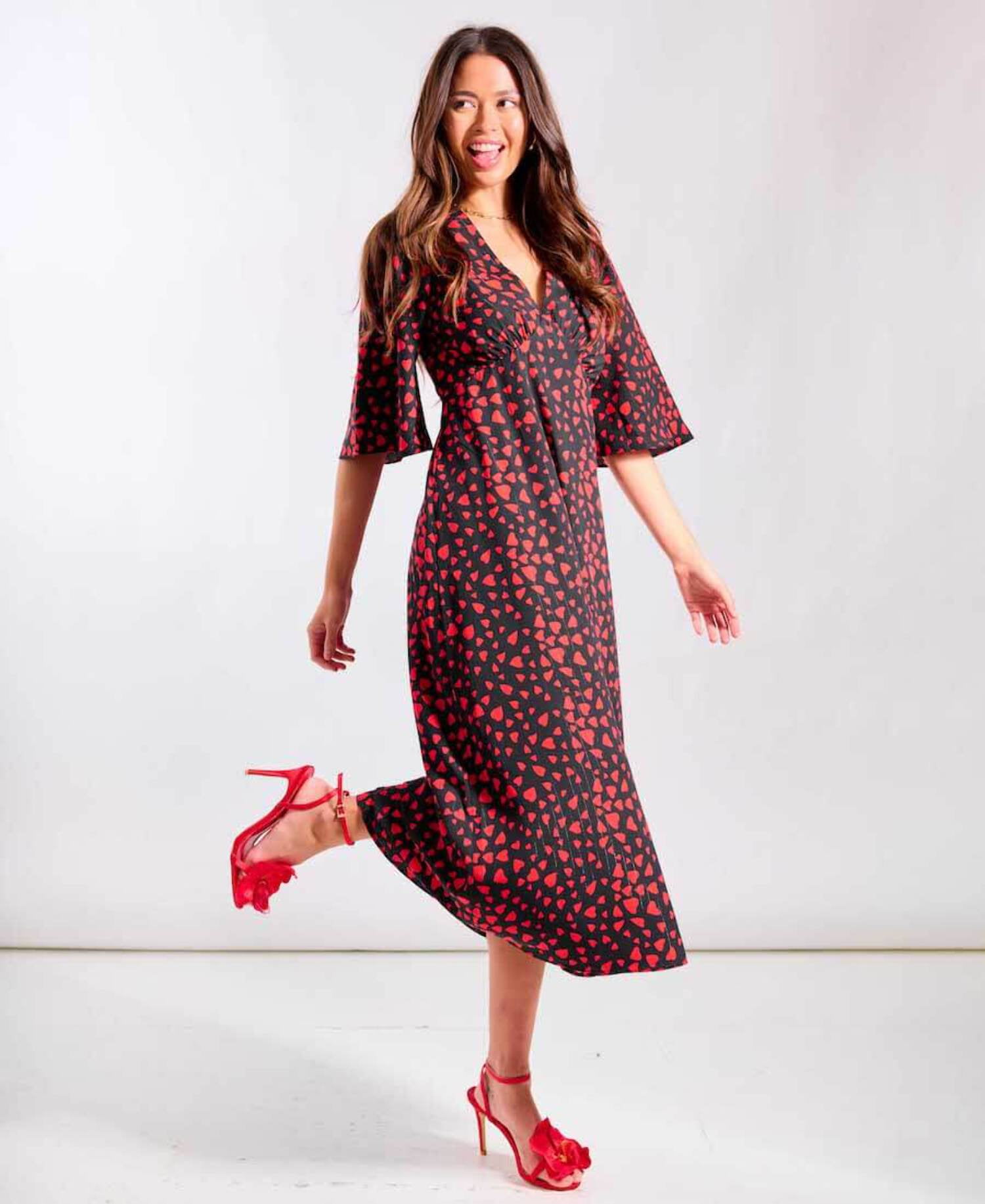 Red Heart Printed Midi Dress