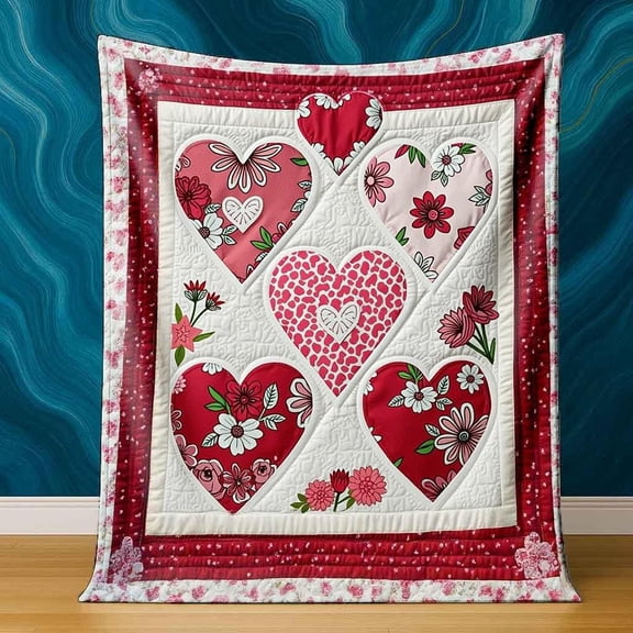 Red Heart Quilted Throw Blanket with Floral Patterns | Soft Decorative Quilt for Couch Bed, Valentines Day Gift, Home Decor, 280gsm, Polyester, All Seasons Use