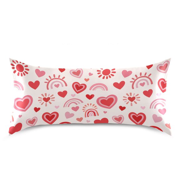 Red Heart Rainbow Pattern Pillow Case Standard Size Silky Satin Pillow Cover for Bedroom 20x26 Inch