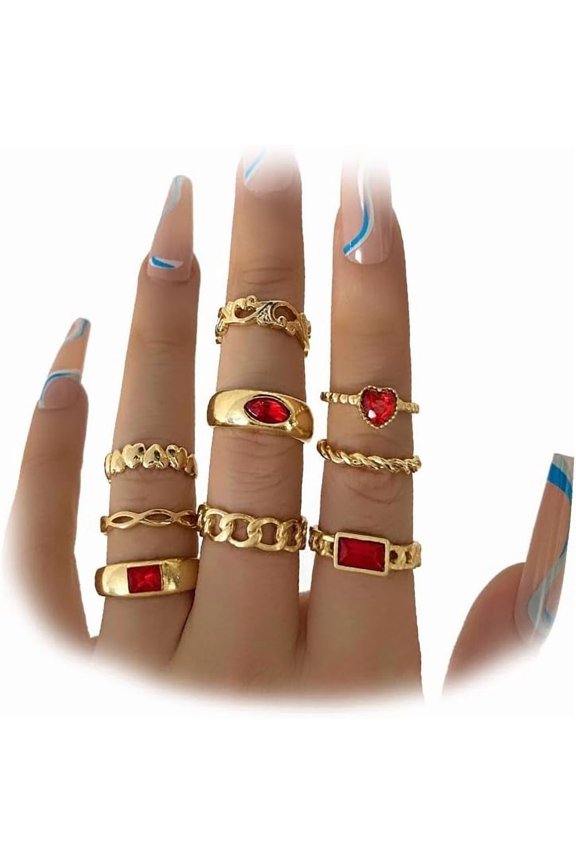 Red Heart Rings for Women Gold Love Statement Finger Ring Pack Classy Burgundy Crystal Stacking Rings Set Charm Heart Jewelry Accessories Gifts
