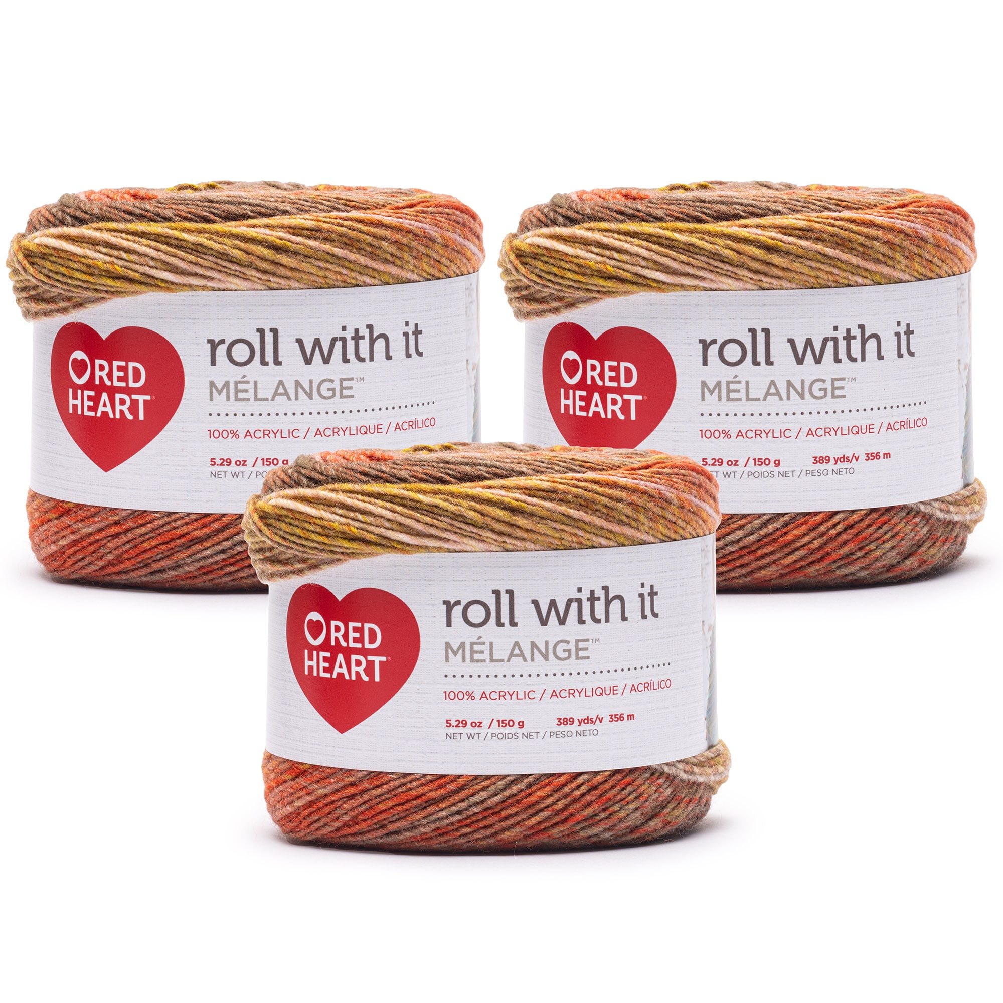 Red Heart® Roll With It Melange™ #4 Worsted (Medium) Acrylic Yarn, Agate 5.29oz/150g 389 Yards (3 Pack)