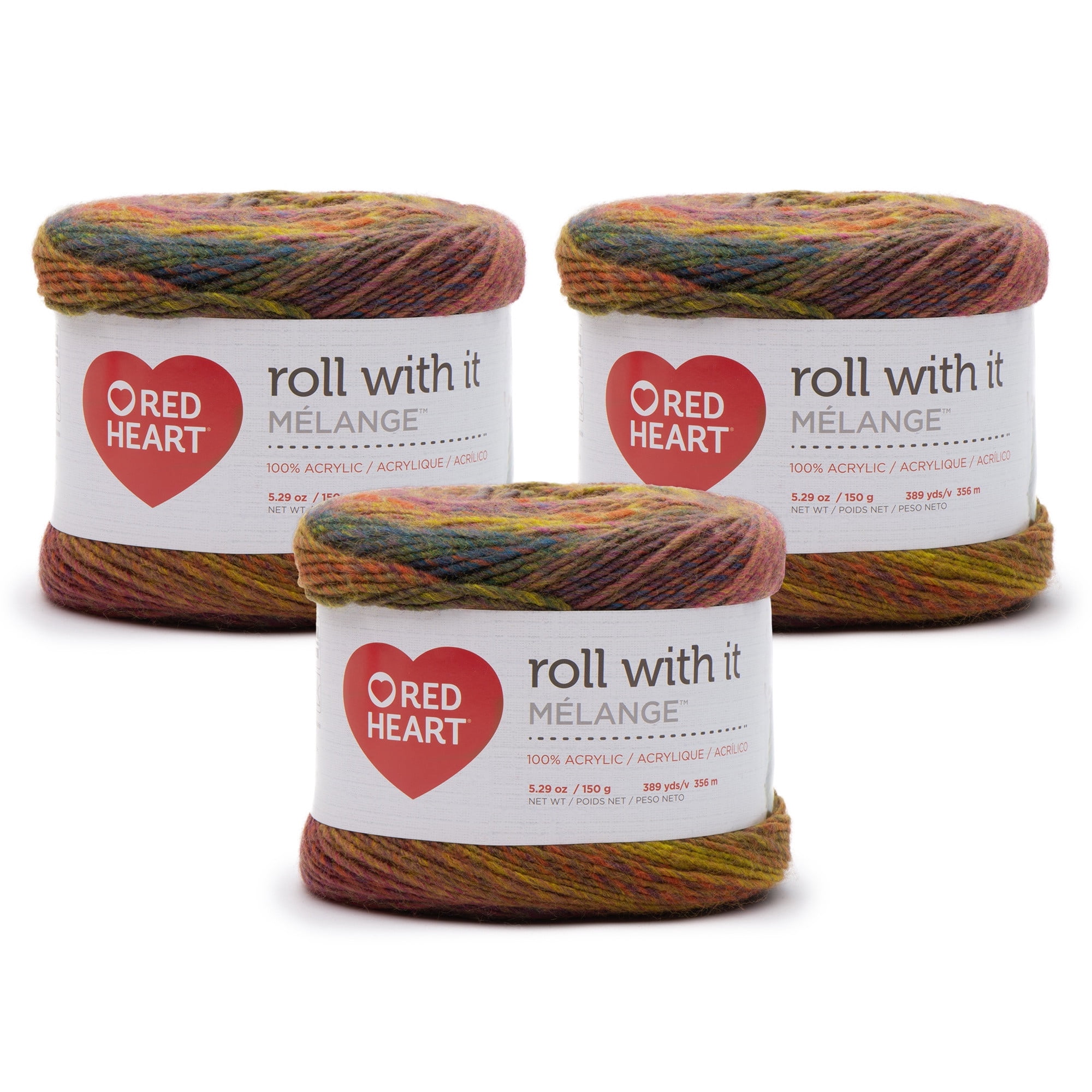 Red Heart® Roll With It Melange™ #4 Worsted (Medium) Acrylic Yarn, Curtain Call 5.29oz/150g 389 Yards (3 Pack)