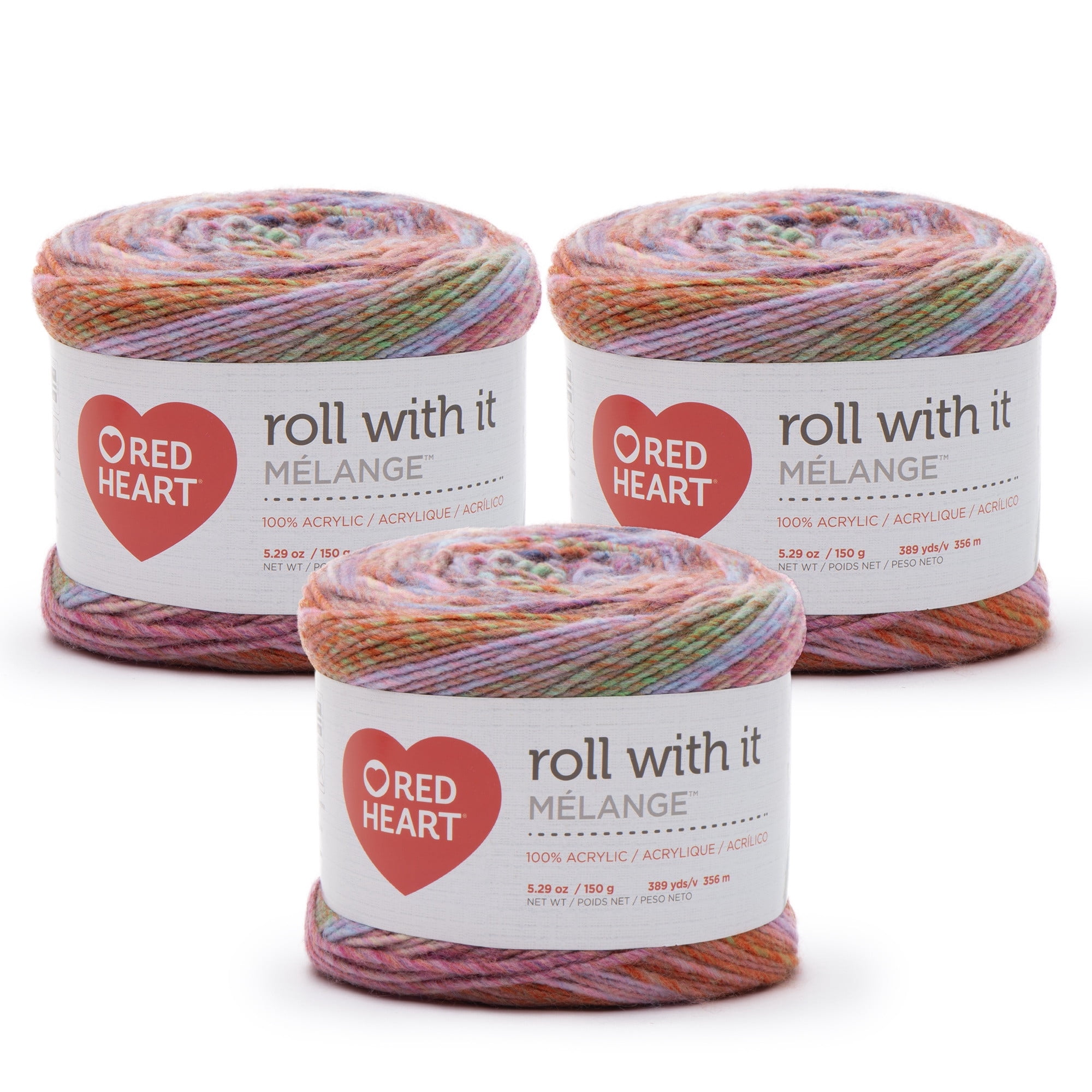 Red Heart Roll with It Melange Acrylic Yarn #4 Worsted Medium, Hollywood 5.29oz 389 Yards 3 Pack