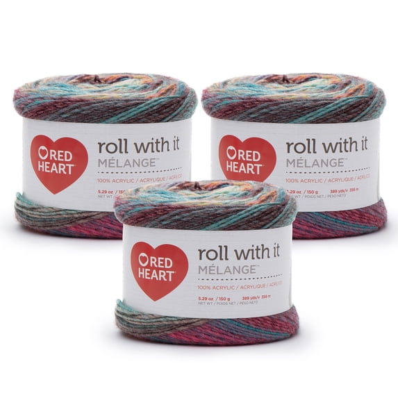 Red Heart® Roll With It Melange™ #4 Worsted (Medium) Acrylic Yarn, Showtime 5.29oz/150g 389 Yards (3 Pack)