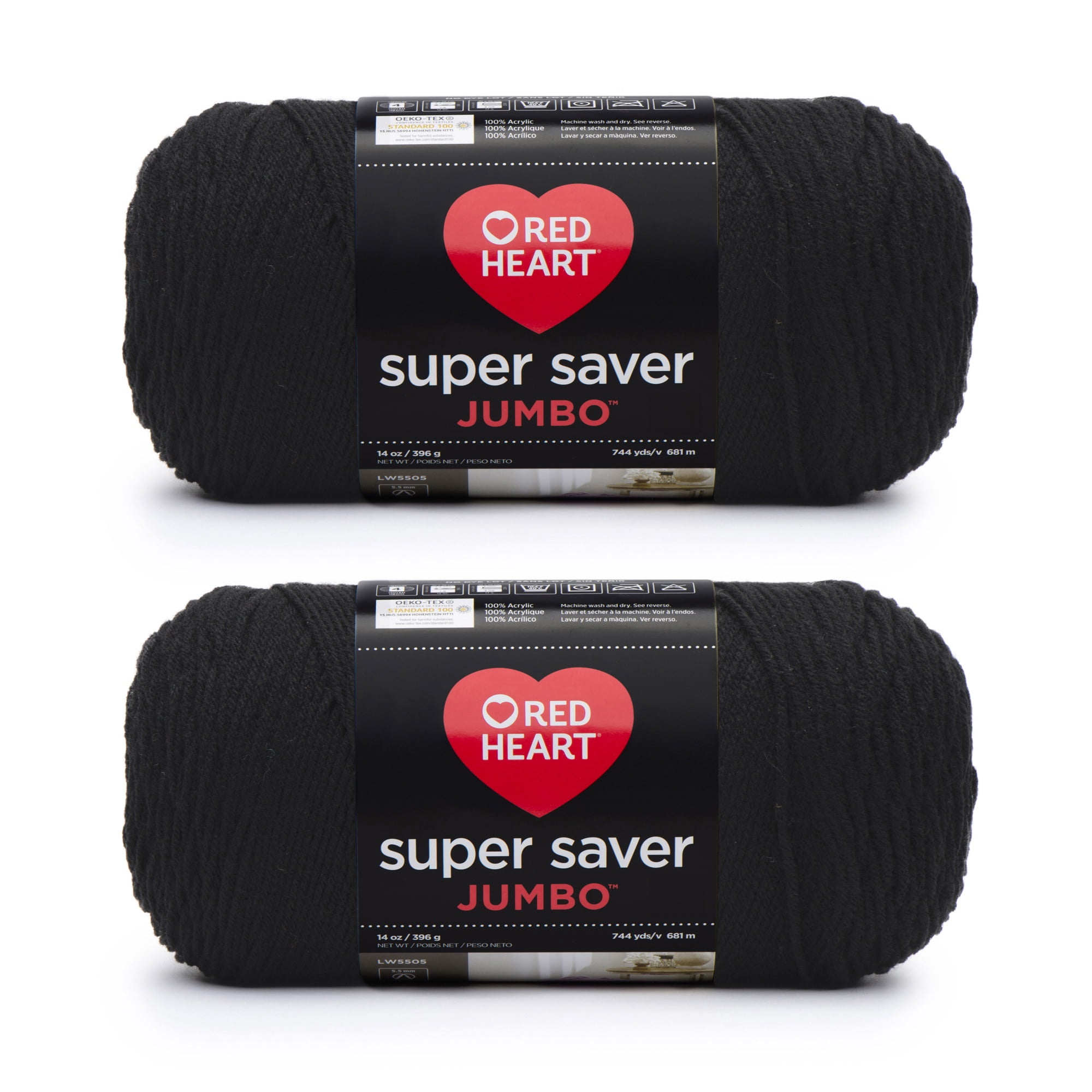 Red Heart® Super Saver Jumbo™ #4 Worsted Acrylic Yarn, Black 14oz/396g 744 Yards (2 Pack)