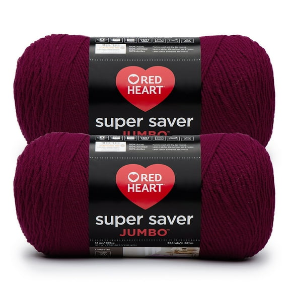 Red Heart® Super Saver Jumbo™ #4 Worsted Acrylic Yarn, Burgundy 14oz/396g 744 Yards (2 Pack)