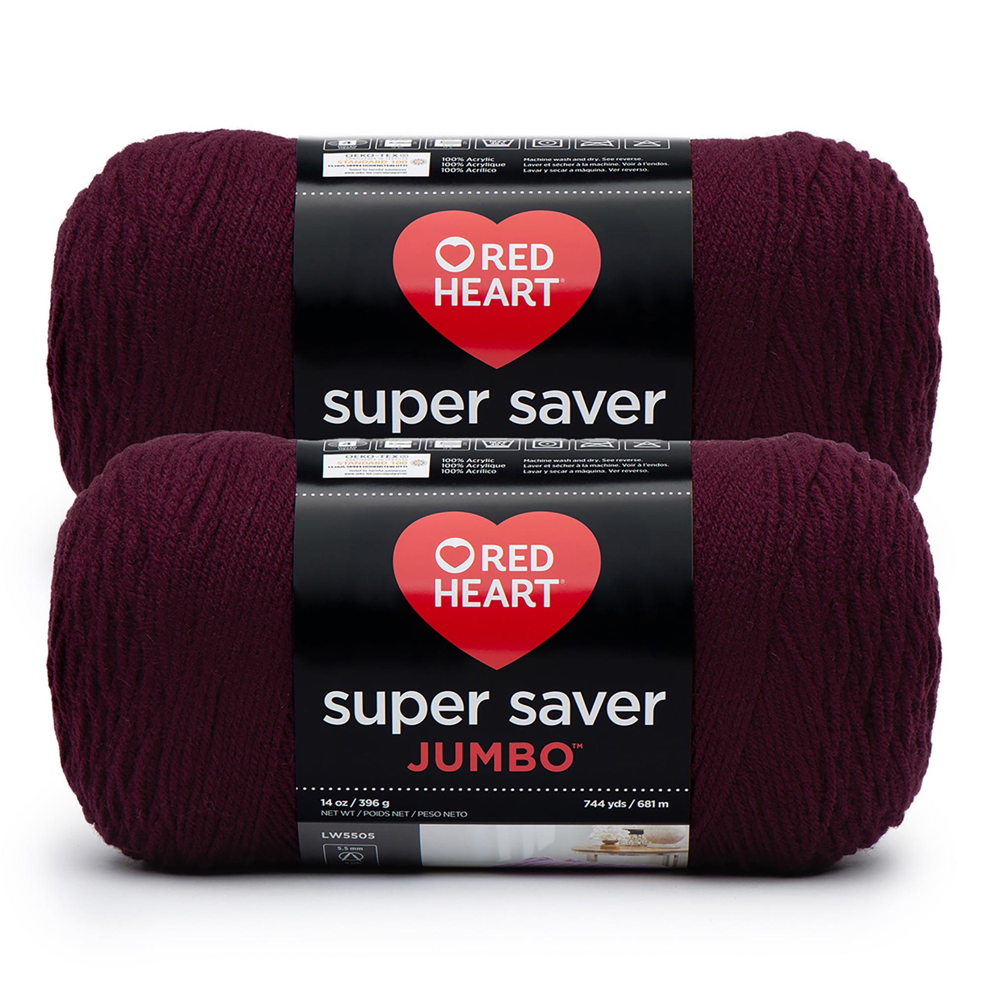 Red Heart® Super Saver Jumbo™ #4 Worsted Acrylic Yarn, Claret 14oz/396g 744 Yards (2 Pack)
