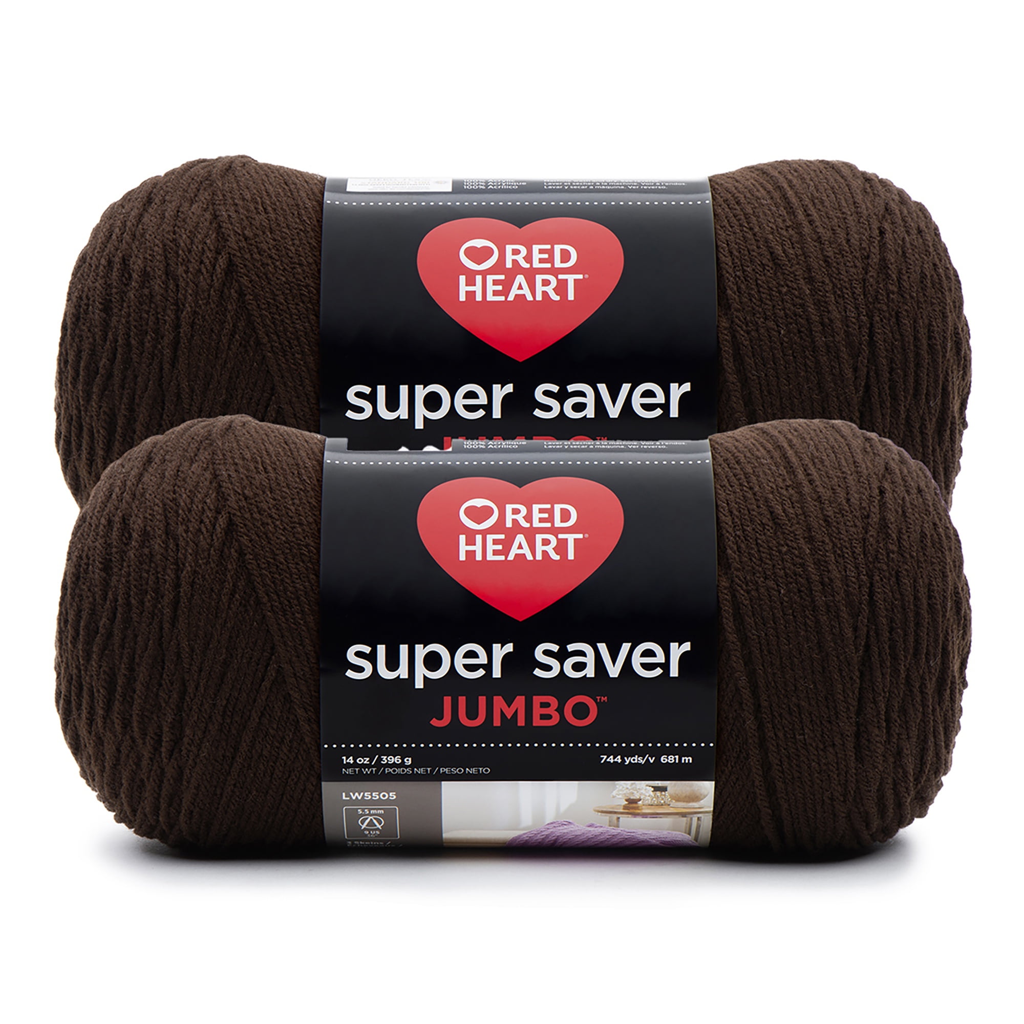 Red Heart® Super Saver Jumbo™ #4 Worsted Acrylic Yarn, Coffee 14oz/396g 744 Yards (2 Pack)