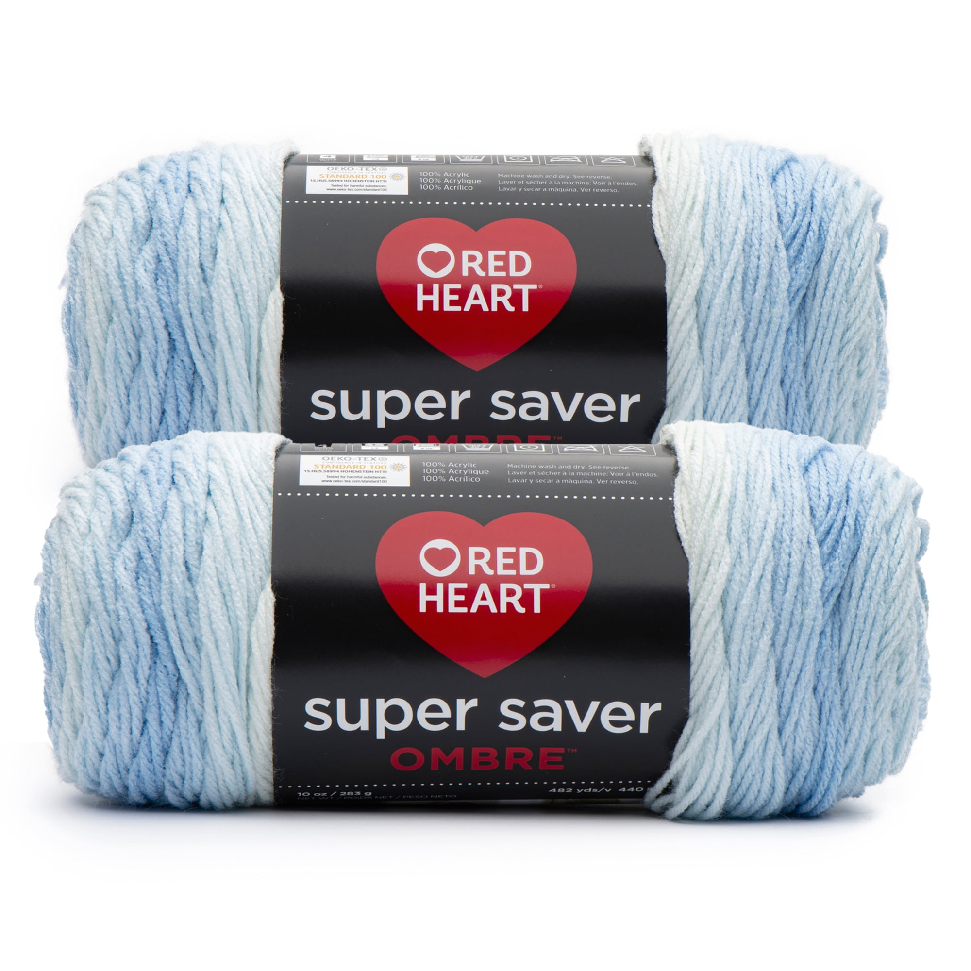 Red Heart® Super Saver Ombre™ #4 Worsted Acrylic Yarn, Light blue 10oz/283g #482 Yards (2 Pack)