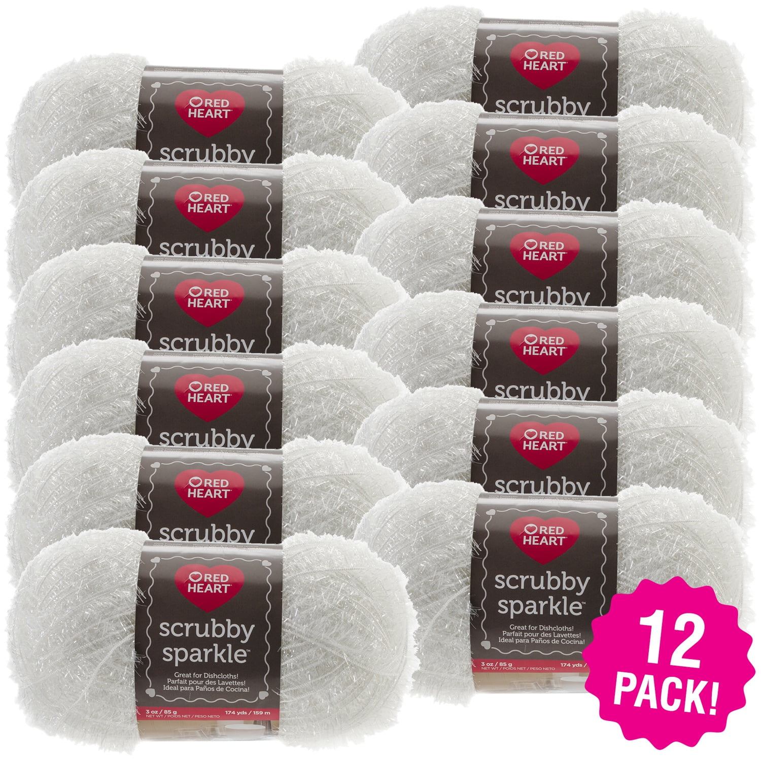 Red Heart Scrubby Sparkle Yarn Marshmallow, Multipack of 12