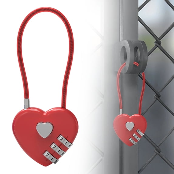 Red Heart-Shaped Combination Cable Lock, Bright 3-Digit Padlock for Luggage, Gym Lockers, Backpacks and Travel