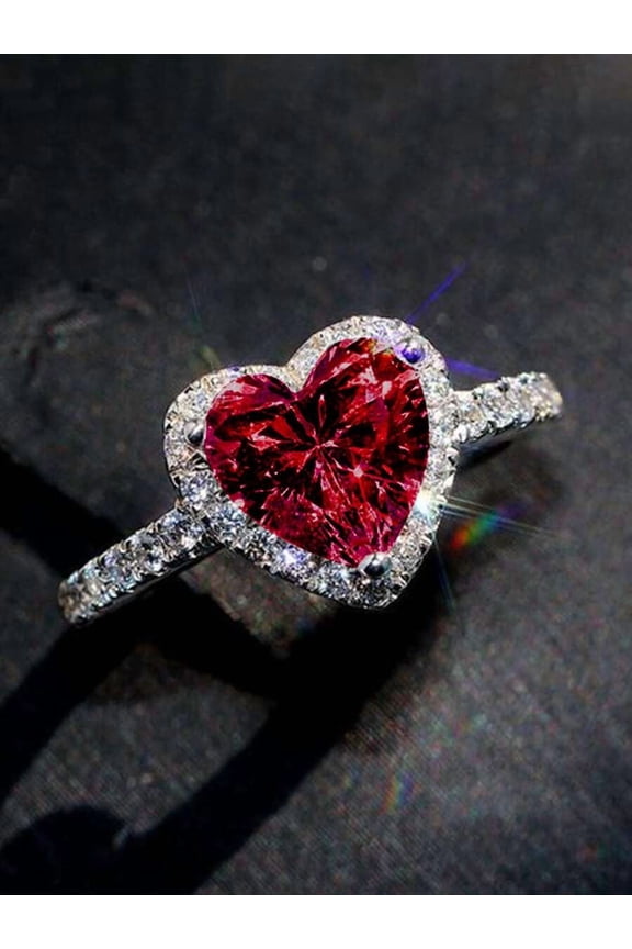 Red Heart-Shaped Cubic Zirconia Ring For Women, Elegant Valentines Or Anniversary Gift