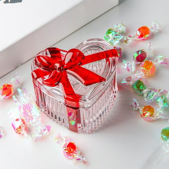 Red Heart Shaped Glass Candy Jar with Red Bow – Crystal Clear Airtight Lid Decorative Storage Container for Valentine’s Day, Wedding Favor, Kitchen Countertop Home Organization Gift