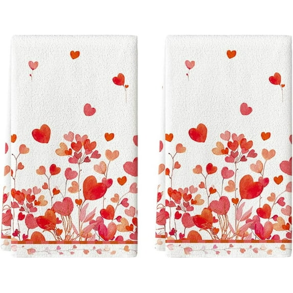 Red Heart Shaped Petals Valentine''s Day Kitchen Towels Dish Towels, 18x26 Inch Wedding Farmhouse Decoration Hand Towels Set of 2