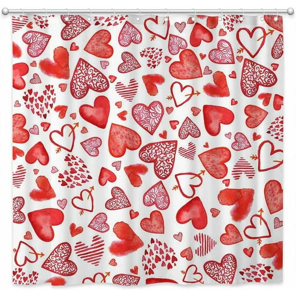Red Heart Shower Curtain Happy Valentine''s Day Bathroom Curtain Set Love Hearts Polyester Fabric Bathtub Decor with 12 Hooks 72x72 Inches