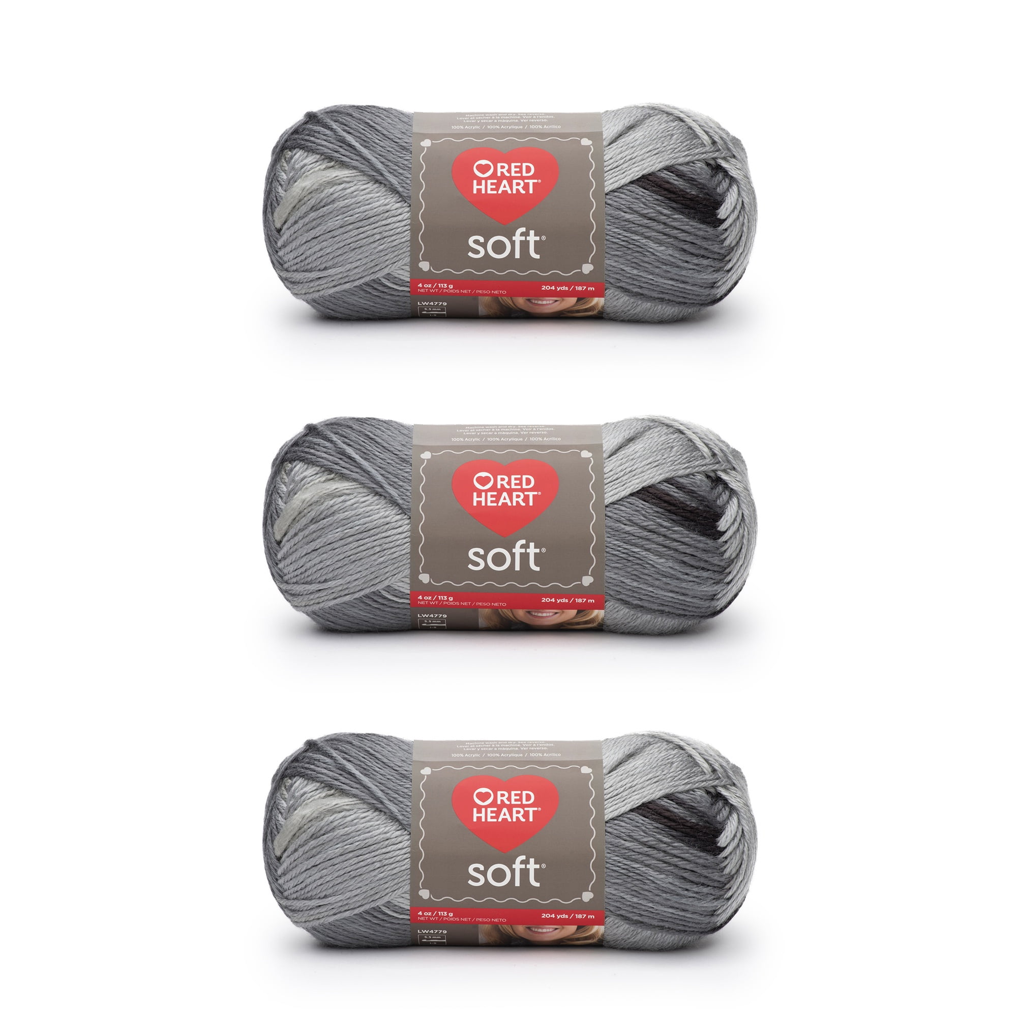 Red Heart® Soft™ #4 Worsted (Medium) Acrylic Yarn, Grayscale 5oz/141g 256 Yards (3 Pack)