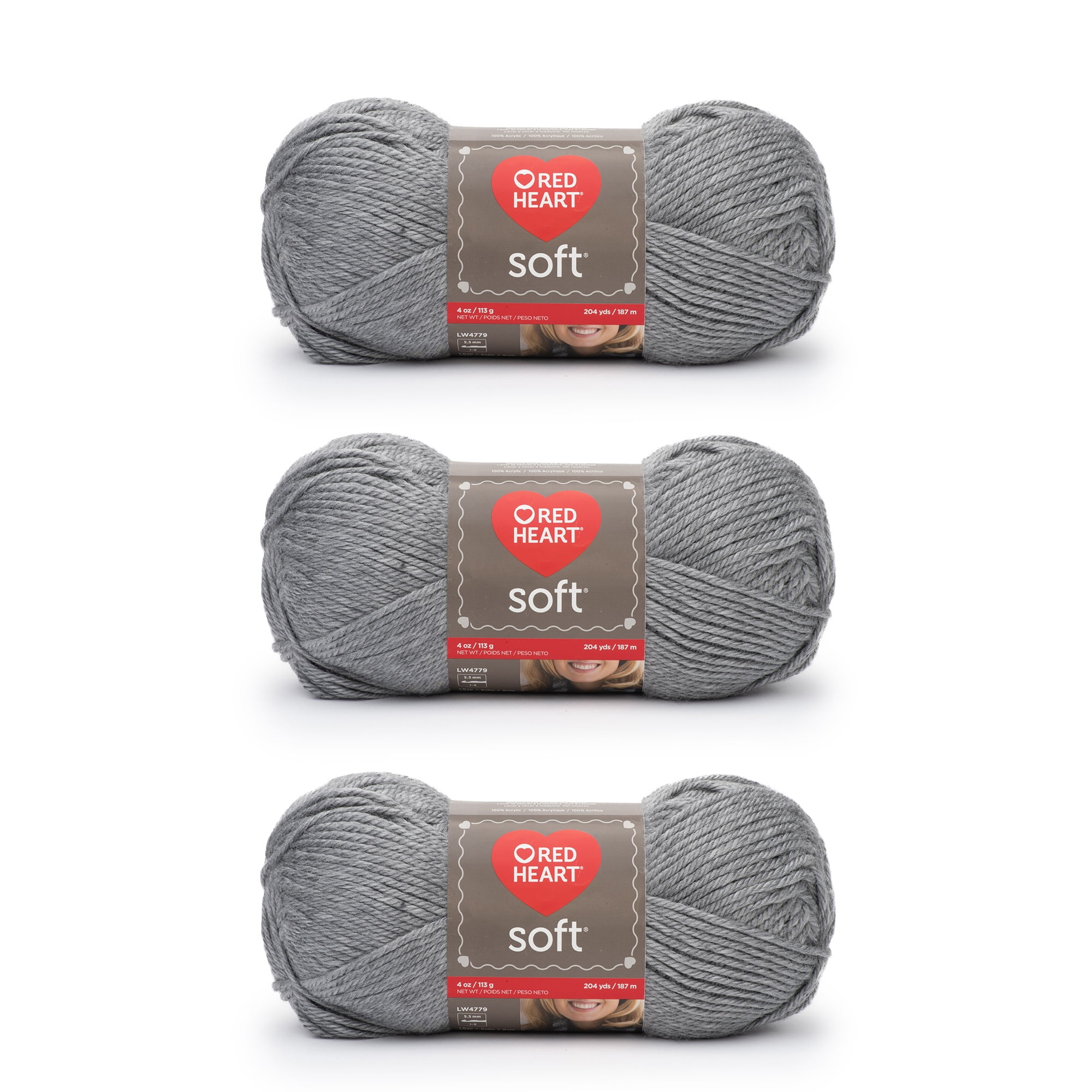 Red Heart Soft Light Gray Heather Yarn - 3 Pack of 113g/4oz