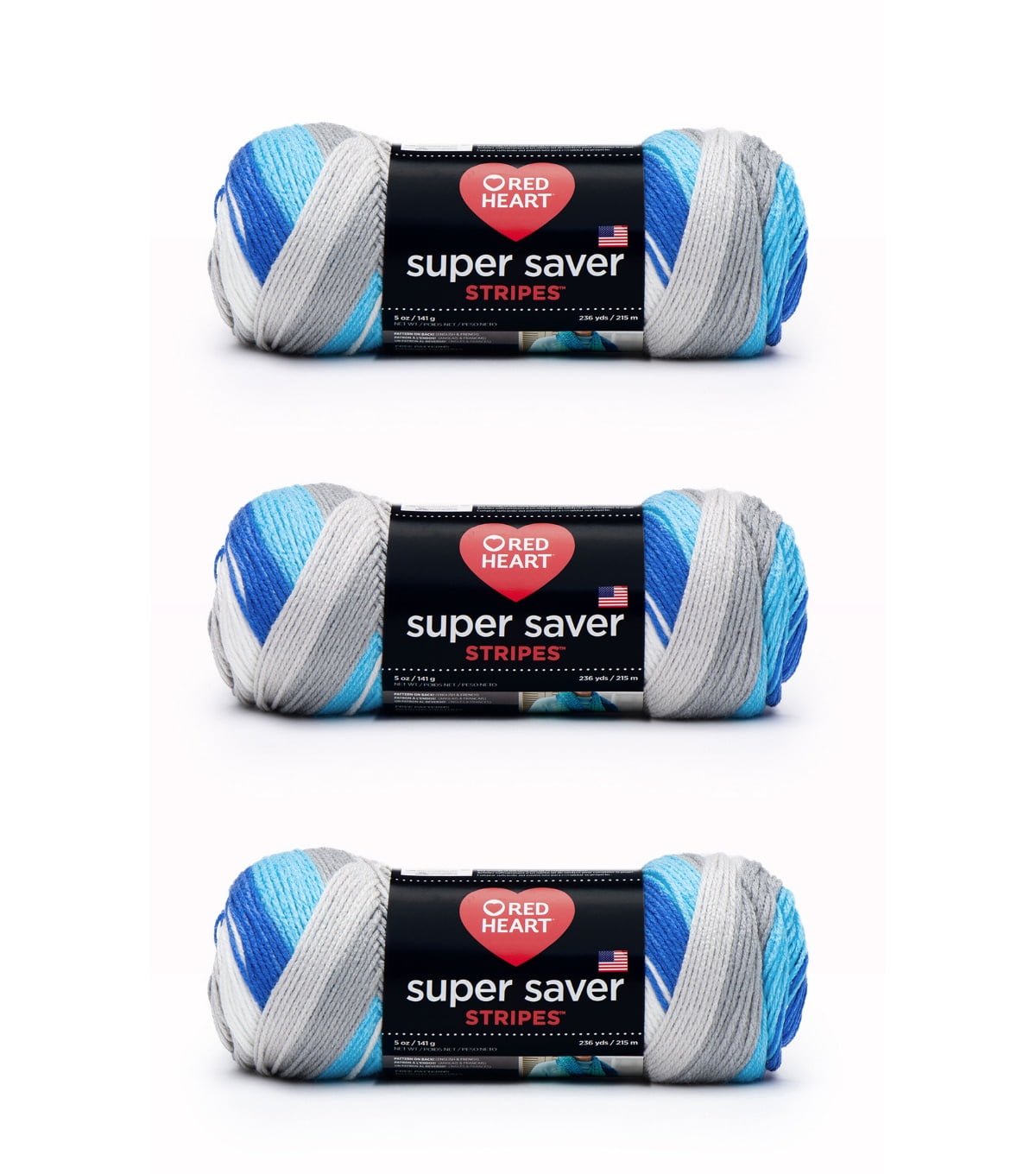 Red Heart® Super Saver® #4 Worsted Acrylic Yarn, Calm stripe 5oz/142g 236yd (3Pk)