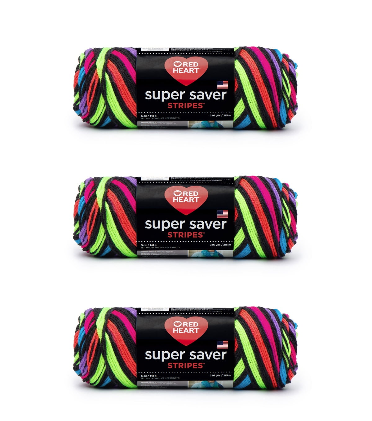 Red Heart® Super Saver® #4 Worsted Acrylic Yarn, Neon stripes 5oz/142g 236yd (3Pk)
