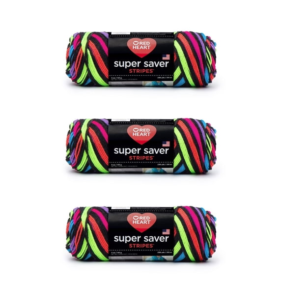 Red Heart® Super Saver® #4 Worsted Acrylic Yarn, Neon stripes 5oz/142g 236yd (3Pk)