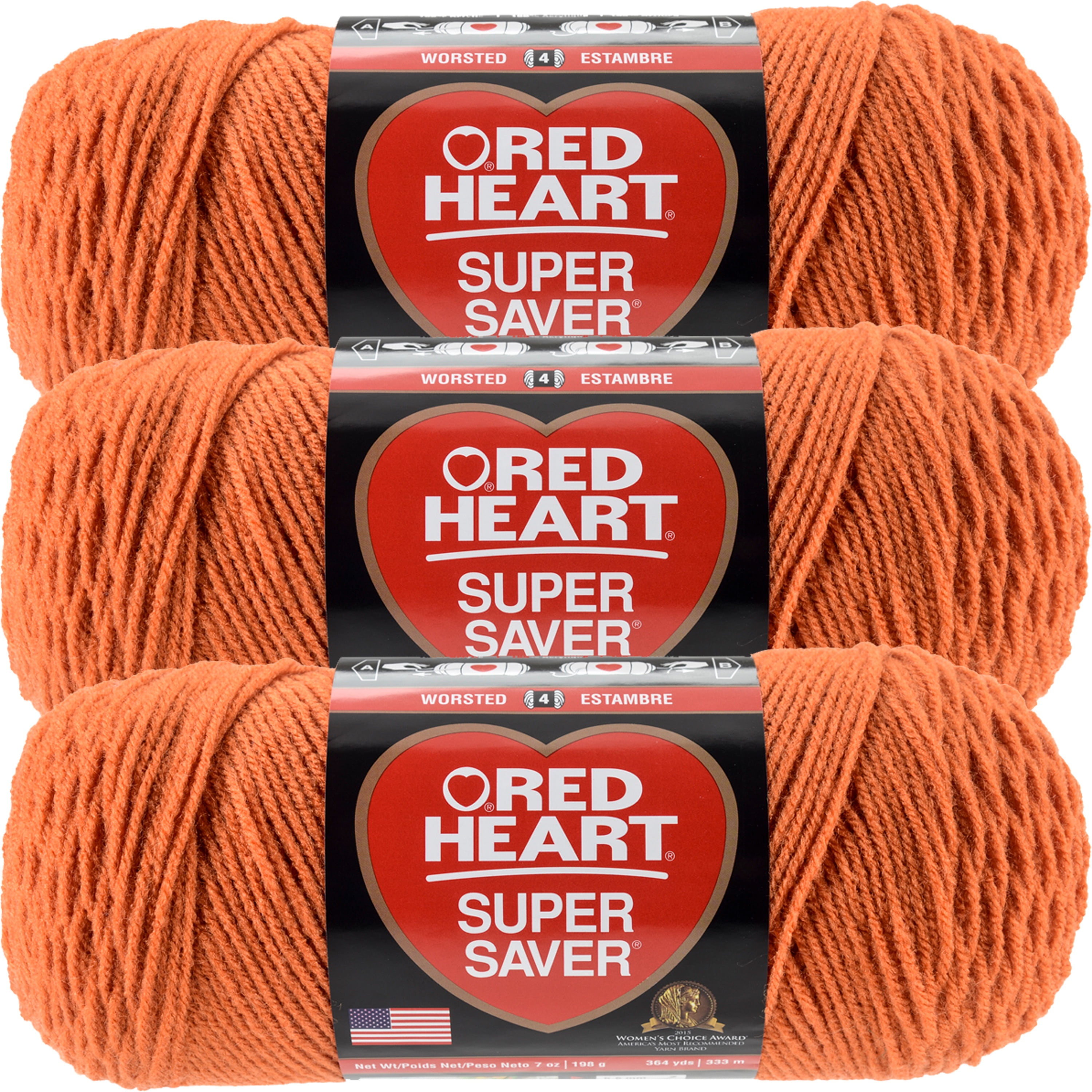 Red Heart Super Saver Carrot Yarn - 3 Pack of 198g/7oz - Acrylic - 4 Medium (Worsted) - 364 Yards - Knitting/Crochet
