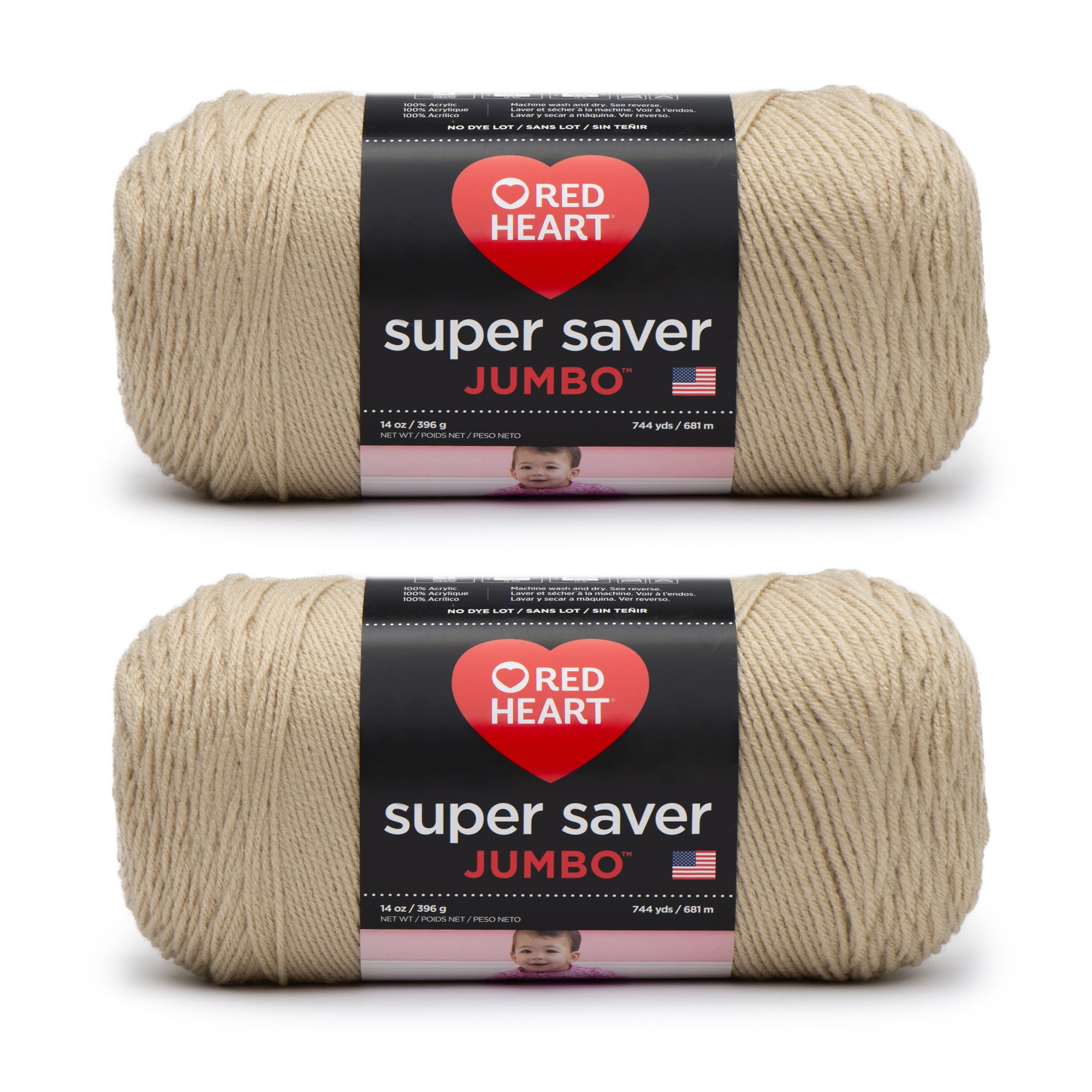 Red Heart Super Saver Jumbo Buff Yarn - 2 Pack of 396g/14oz - Acrylic - 4 Medium (Worsted) - 744 Yards - Knitting/Crochet