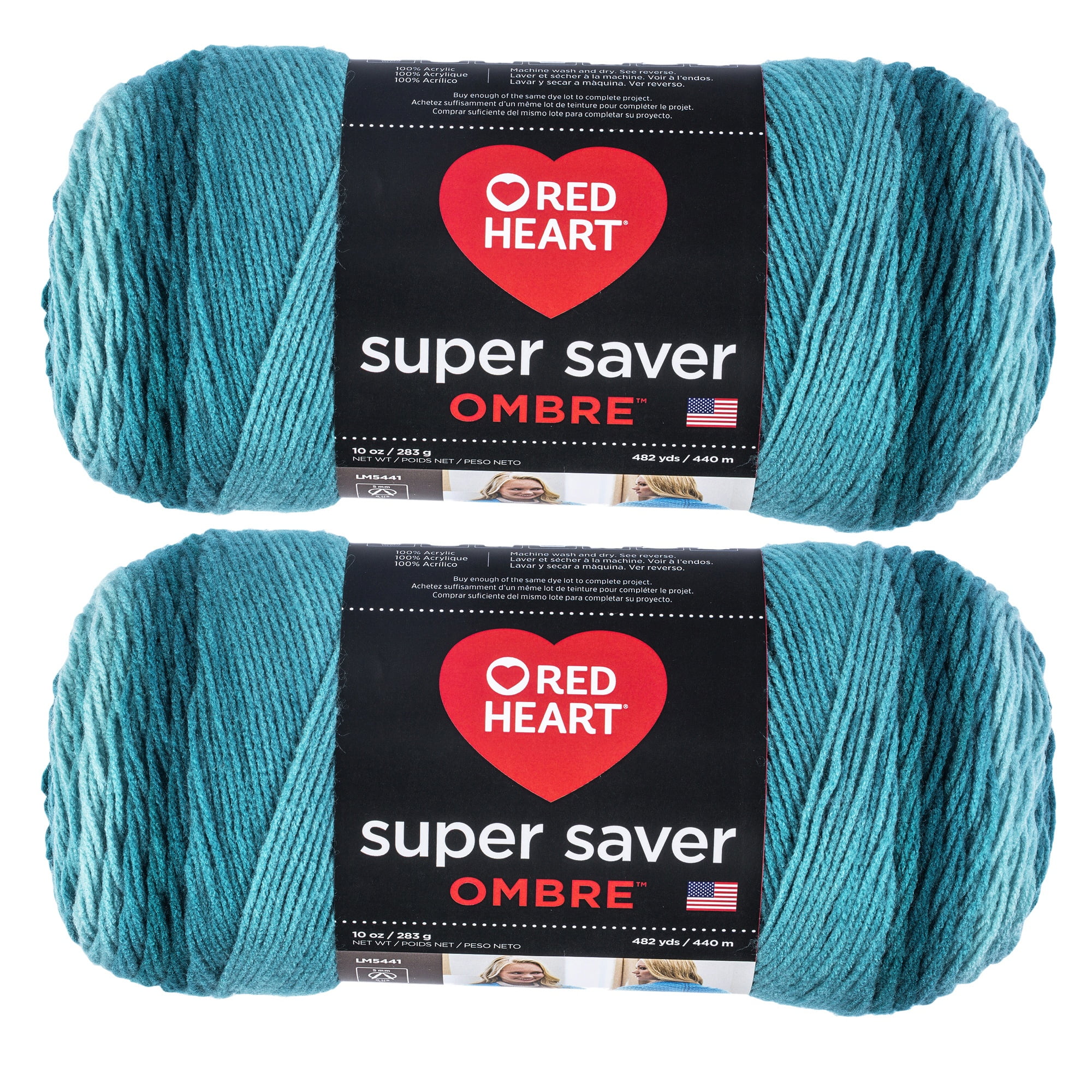 Red Heart Super Saver Jumbo Deep Teal Ombre Yarn - 2 Pack of 283g/10oz - Acrylic - 4 Medium (Worsted) - 482 Yards - Knitting/Crochet