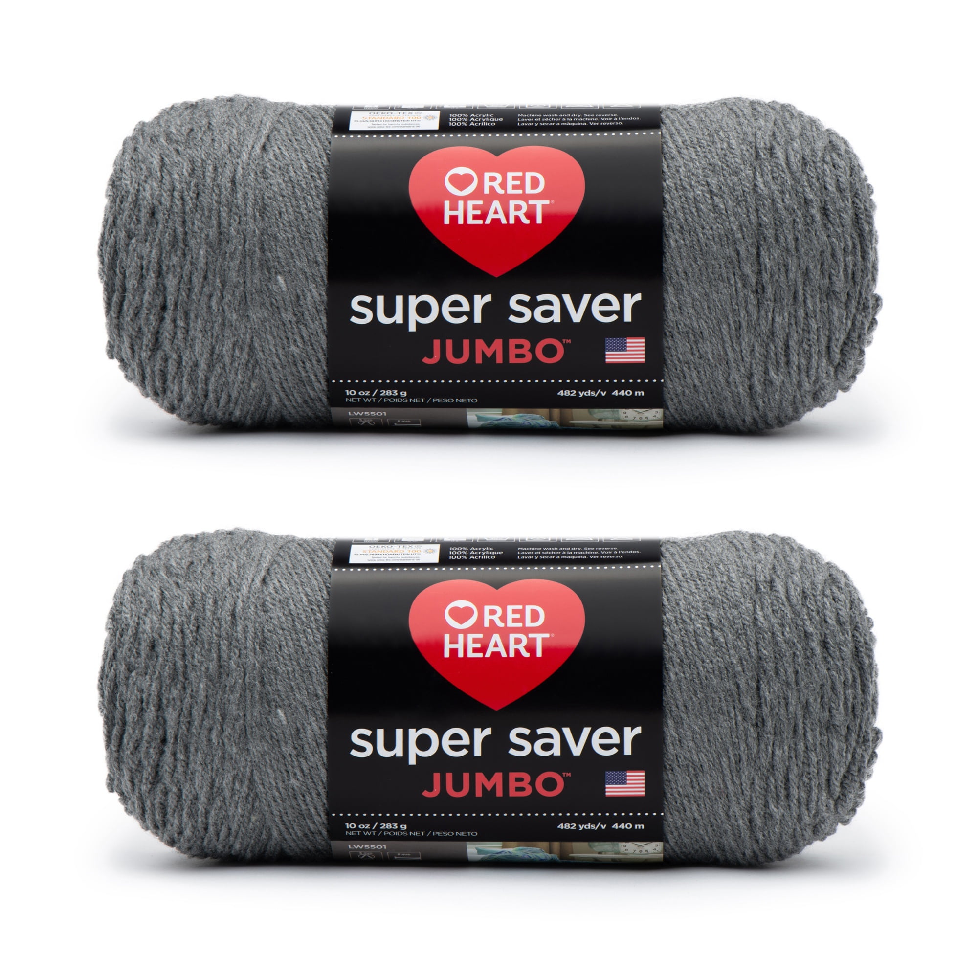 Red Heart Super Saver Jumbo Gray Heather Yarn - 2 Pack of 283g/10oz - Acrylic - 4 Medium (Worsted) - 482 Yards - Knitting/Crochet