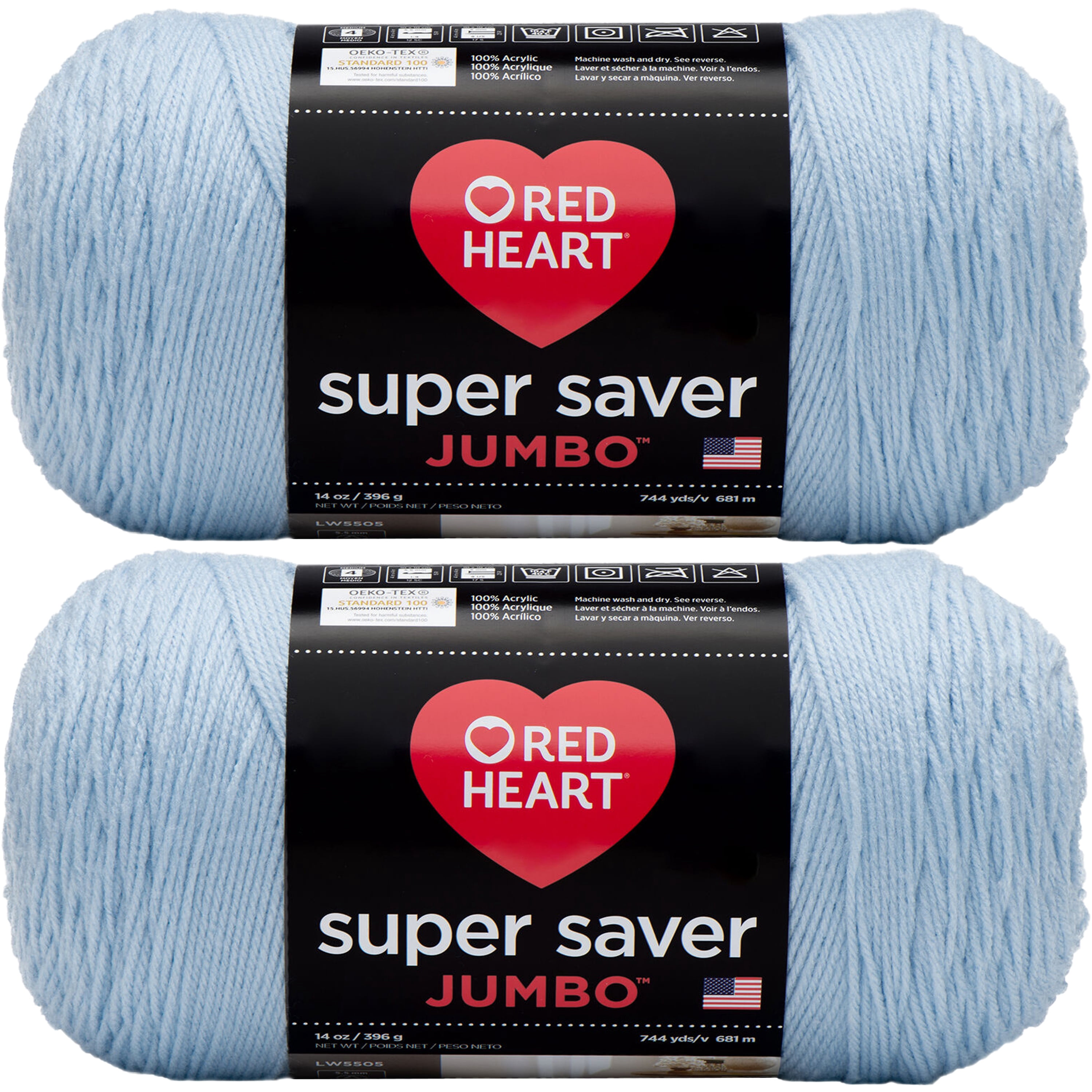 Red Heart Super Saver Jumbo Light Blue Yarn - 2 Pack of 396g/14oz - Acrylic - 4 Medium (Worsted) - 744 Yards - Knitting/Crochet