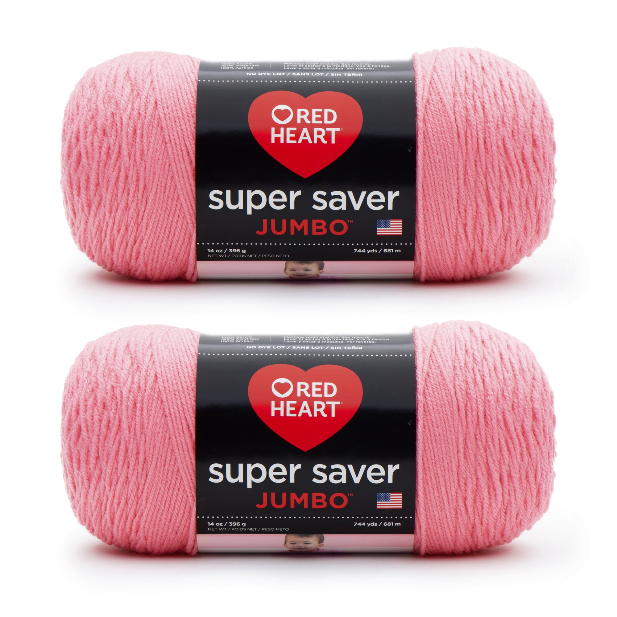 Red Heart Super Saver Jumbo Perfect Pink Yarn - 2 Pack of 396g/14oz - Acrylic - 4 Medium (Worsted) - 744 Yards - Knitting/Crochet